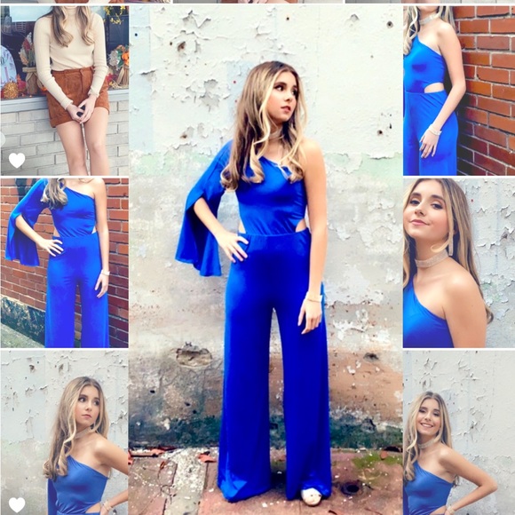 SEXY VENUS BLUE ONE SHOULDER SIDE CUT OUT JUMPSUIT ~ One Shoulder Flowy Romper - Picture 5 of 16